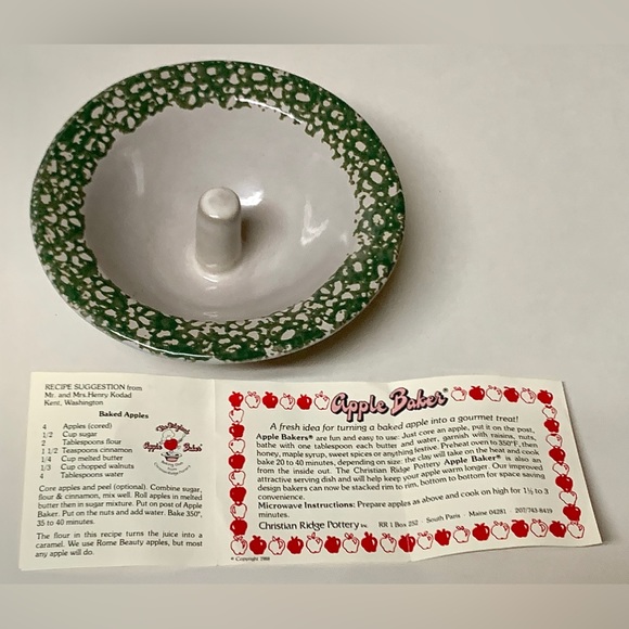 Vintage Unused Glazed Clay Pottery ORIGINAL APPLE BAKER Green Spongeware Trim - Picture 2 of 16